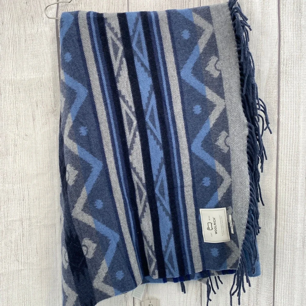 Woolrich Throw Blanket Blue Grey Geometric Made in Italy Fringed Southwestern